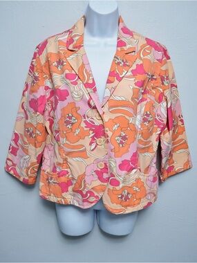 French Cuff Vintage-Inspired Pink & Orange Floral Cropped Jacket